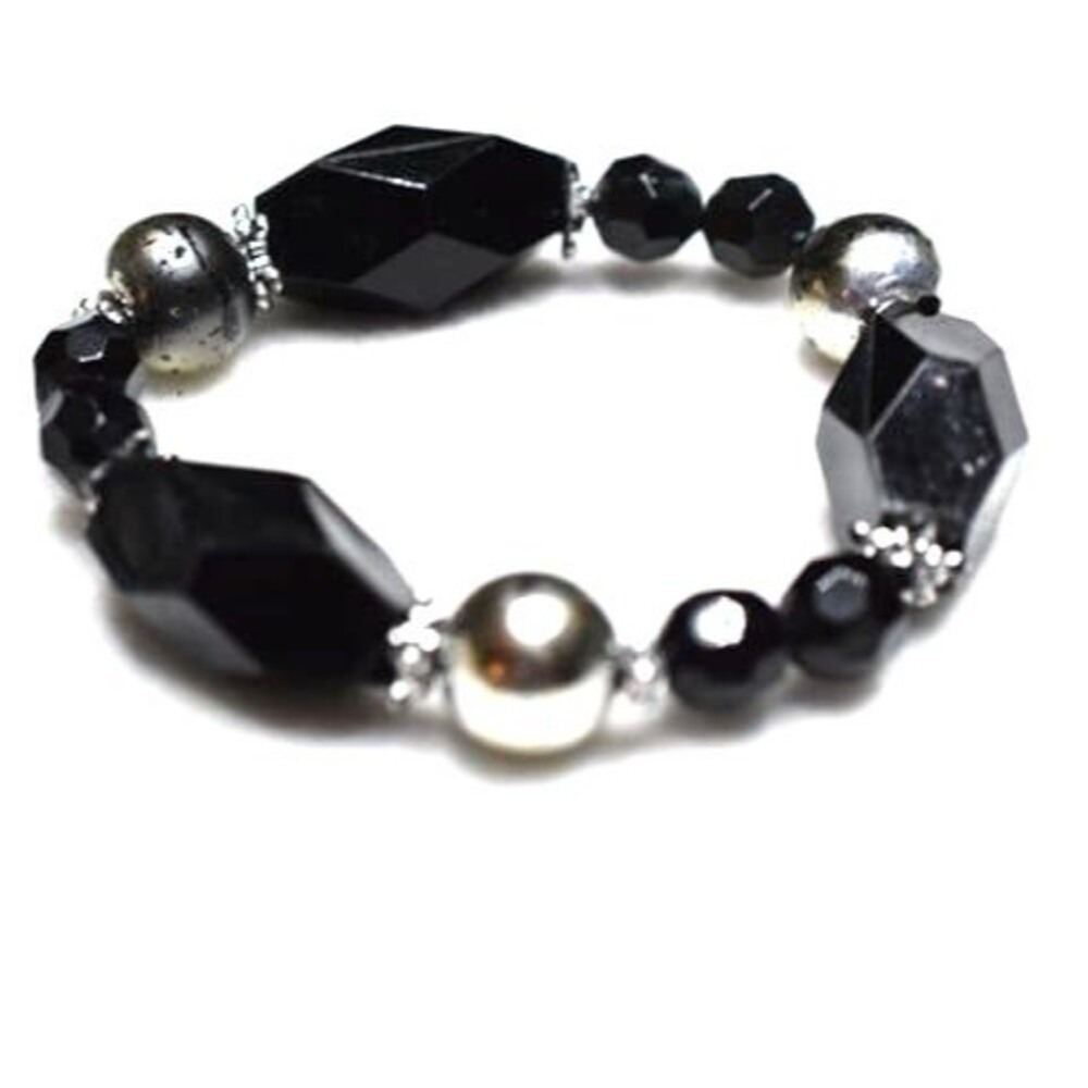 Chunky Goth Black/Gray Bead Silver Tone Spacers Stretch 6" Bracelet